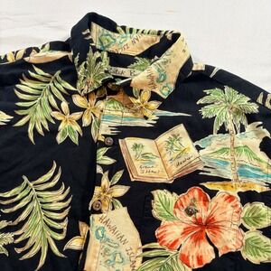 Batek Bay Hawaiian Shirt Mens Medium Black Tropical Map Rayon Button Down Aloha